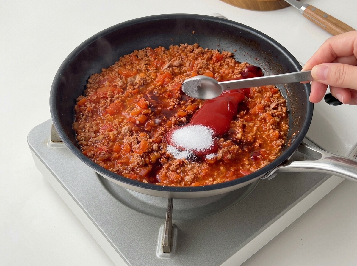 Main ajoutant du sel et du sucre sur les sauces non mélangées dans la poêle.
