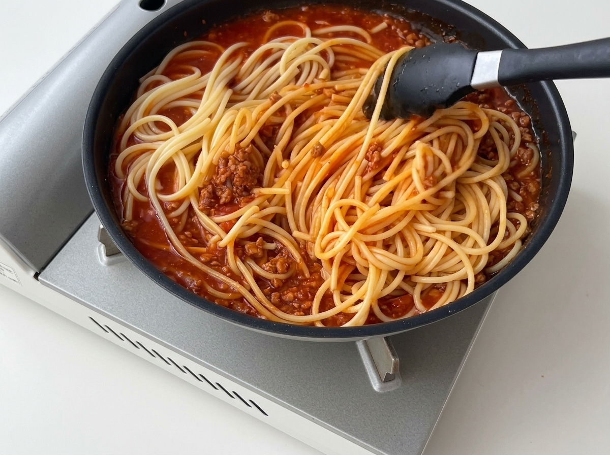 Ustensile de cuisine mélangeant les spaghetti dans une sauce rouge épaisse au bœuf.