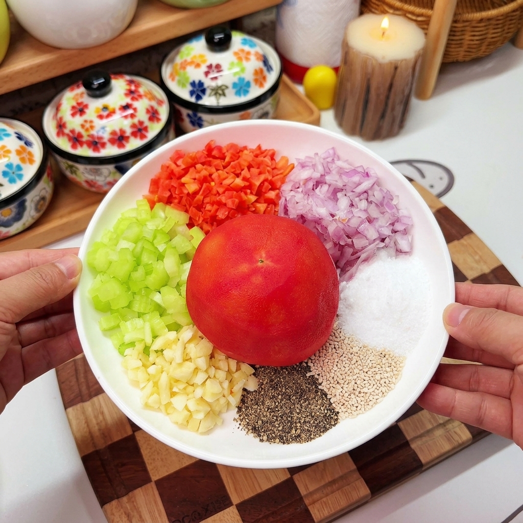 Une tomate pelée sur une assiette entourée de légumes et de divers assaisonnements secs.