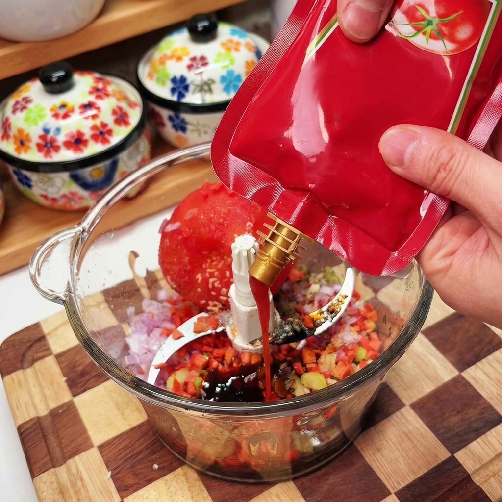 Ketchup rouge pressé dun sachet dans le bol dun mixeur sur une tomate et des légumes coupés.