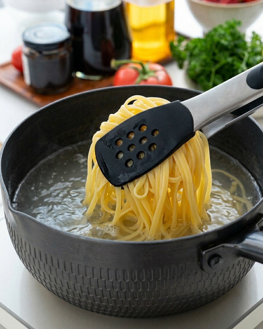 Une pince soulevant des spaghettis fumants hors dune casserole deau bouillante.