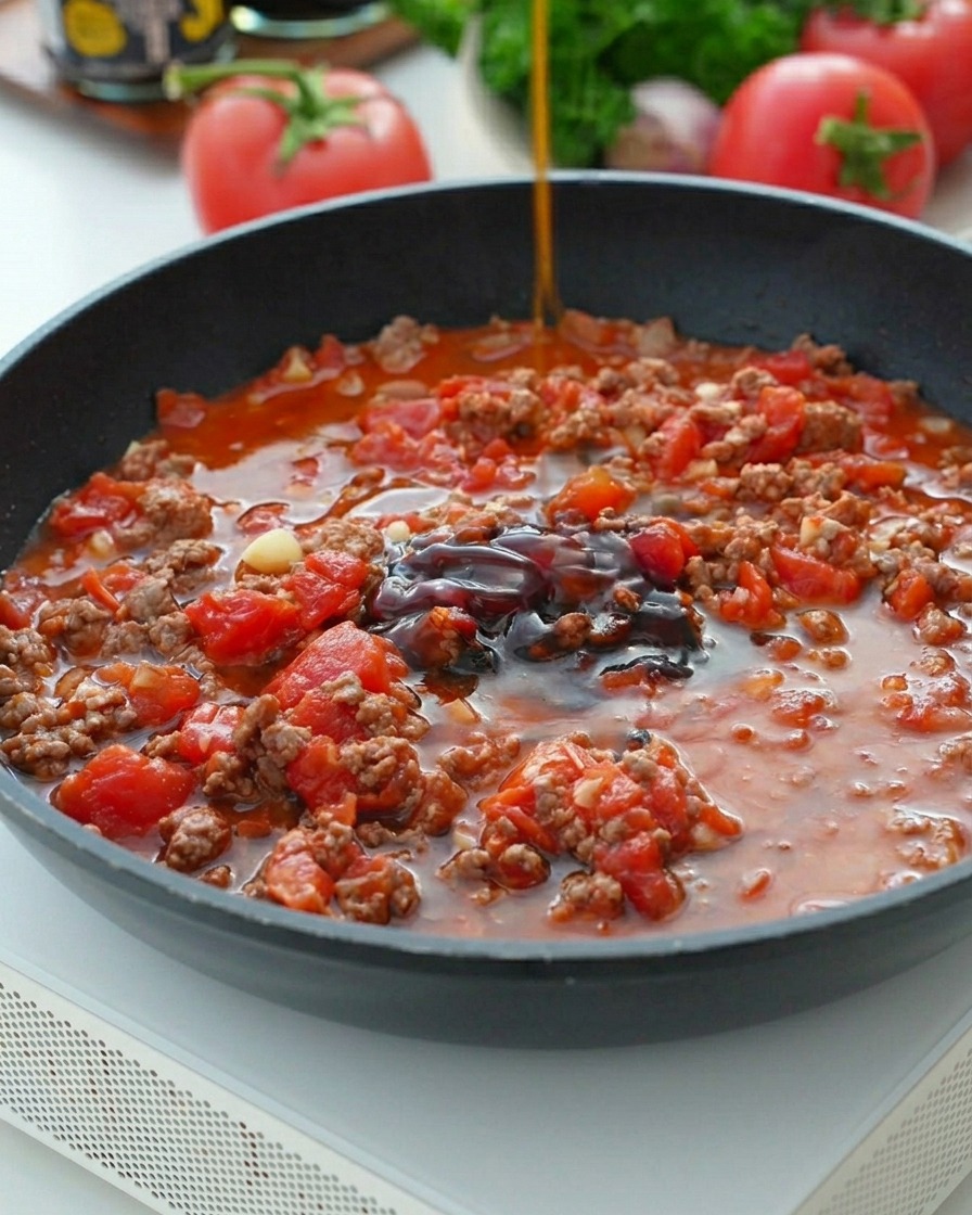 Une cuillère de sucre saupoudrée sur la sauce tomate.