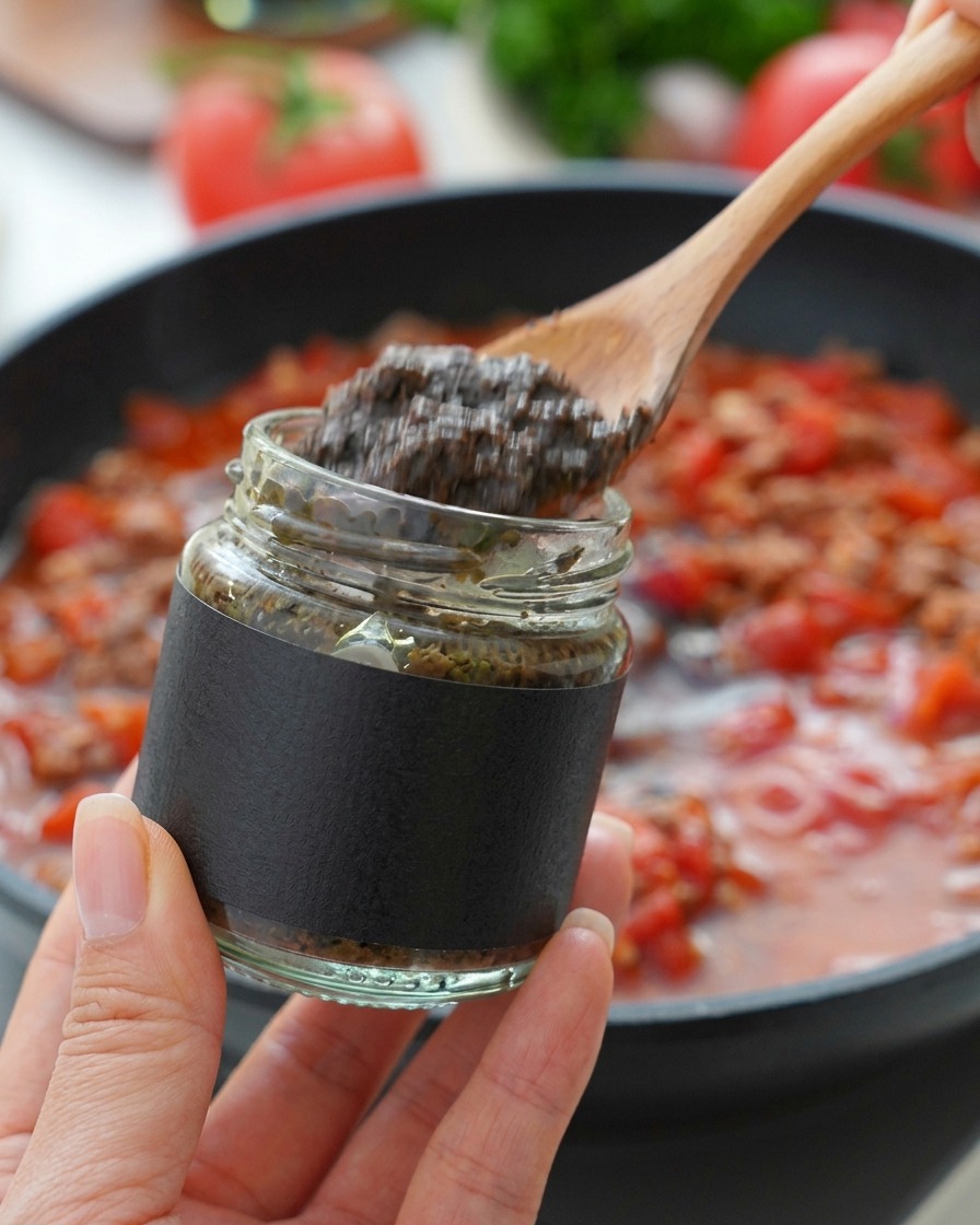 Une main tenant un pot de sauce à la truffe au-dessus de la poêle.
