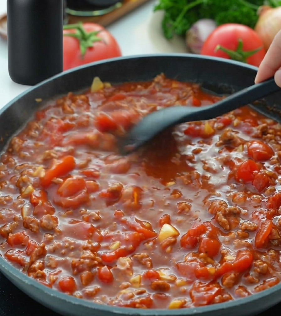 Spatule remuant une sauce tomate épaisse et rouge dans une poêle.