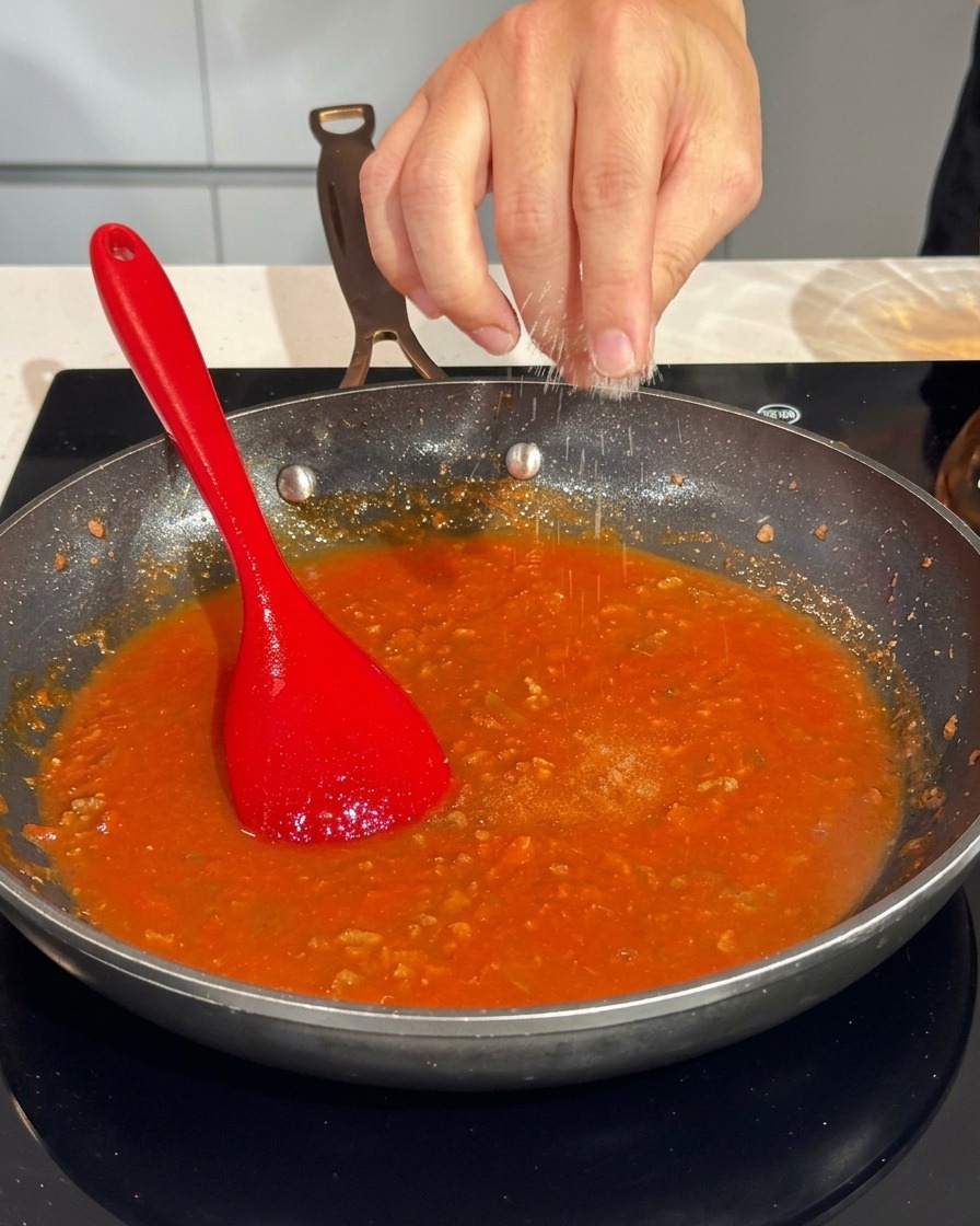 Une main saupoudrant une pincée de gros sel dans une poêle bouillonnante de sauce à la viande.