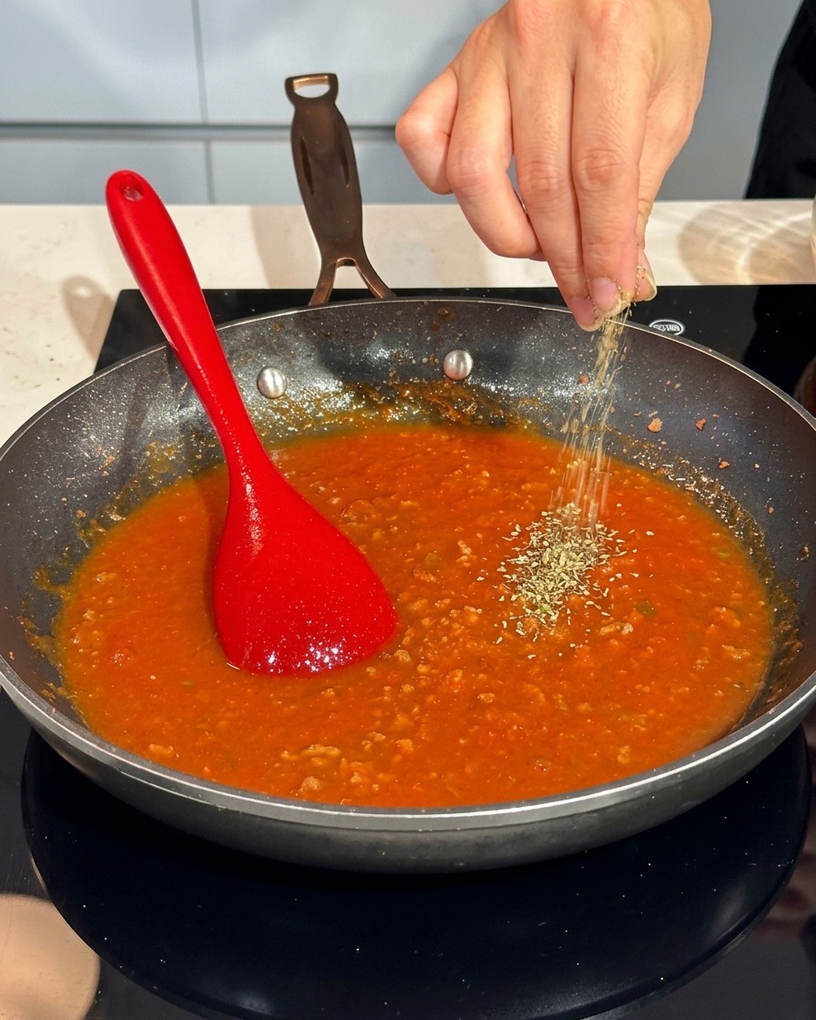 Une main saupoudrant du poivre noir fraîchement moulu dans une poêle de sauce tomate à la viande.
