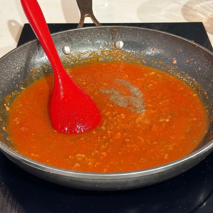 Une spatule rouge reposant dans une poêle de sauce tomate à la viande avec du poivre et du sucre saupoudrés dessus.