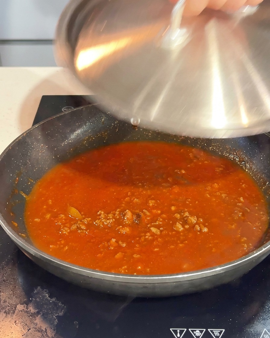 Une main posant un couvercle en inox sur une poêle contenant une sauce bolognaise bouillonnante.