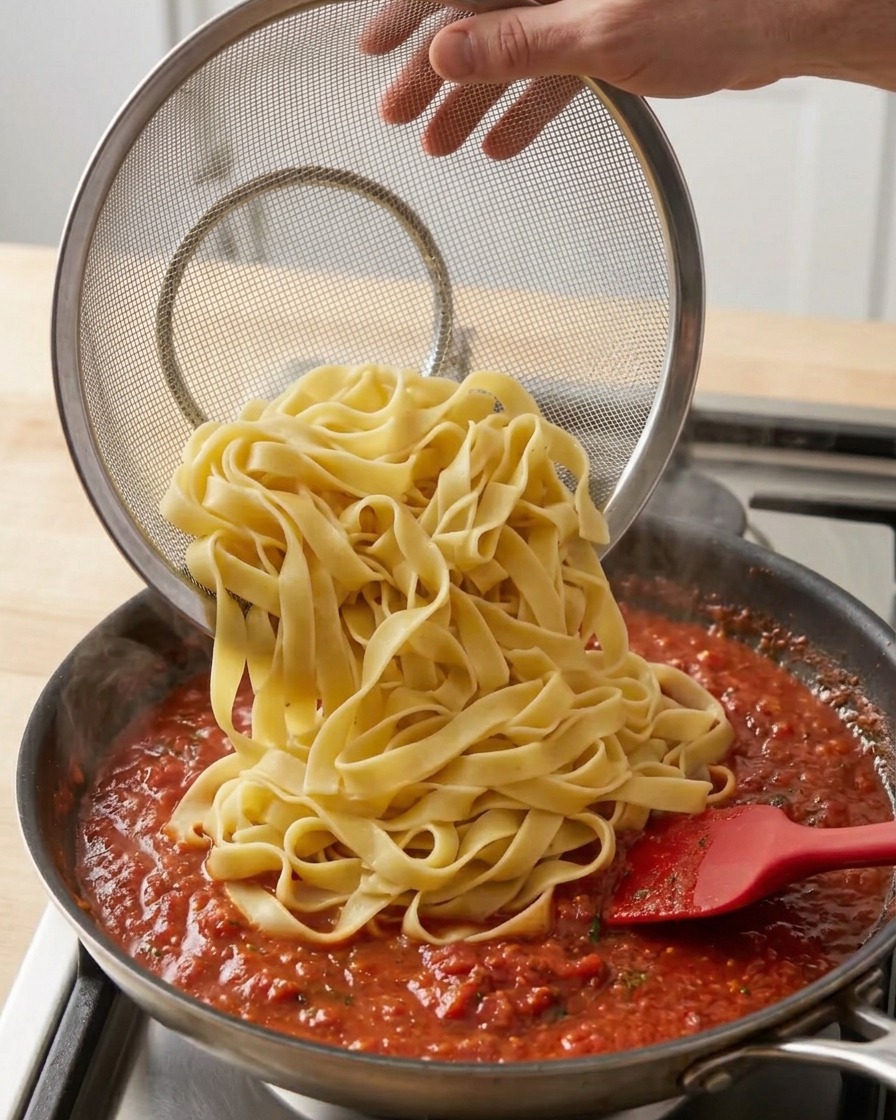 Une main tenant une passoire et versant les pappardelles chaudes dans une poêle remplie de sauce bolognaise.