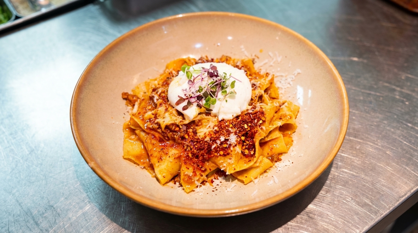 Pappardelle Fusion à la Sauce Viande Épicée, Huile Crépitante et Œuf Poché