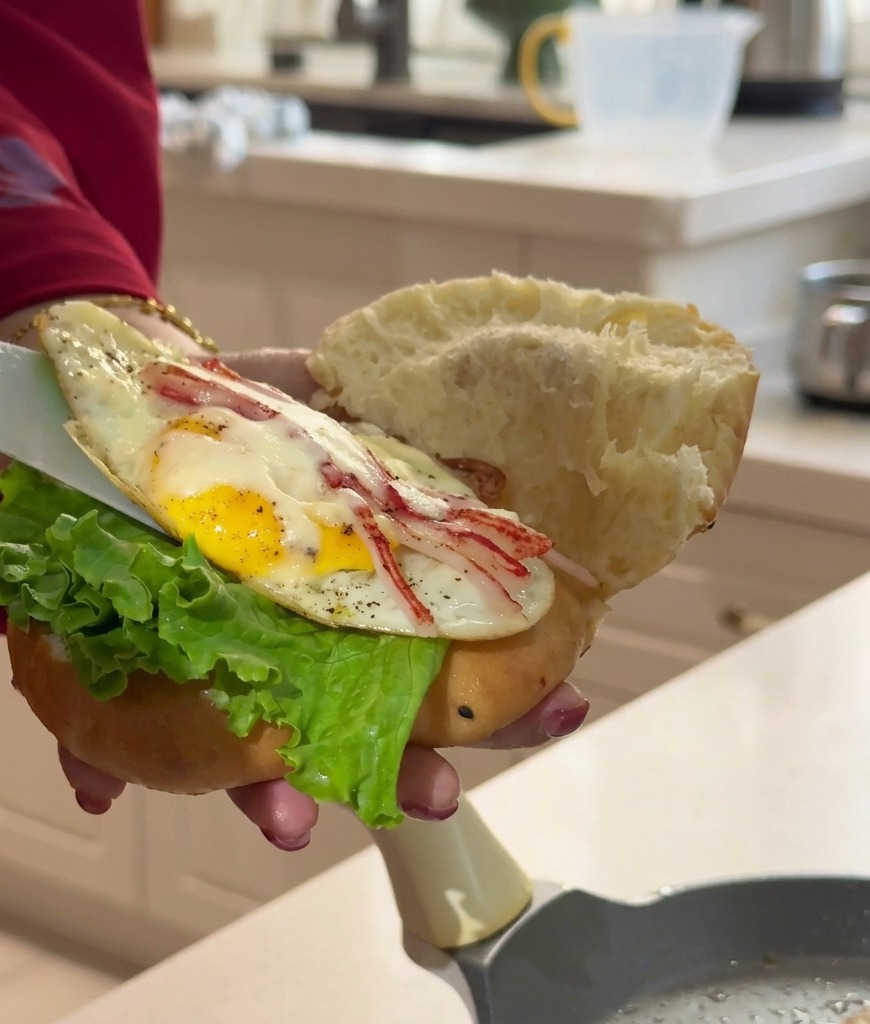 Une main tenant un pain ouvert avec de la laitue, pendant quune spatule blanche glisse la galette dœuf et de surimi à lintérieur.