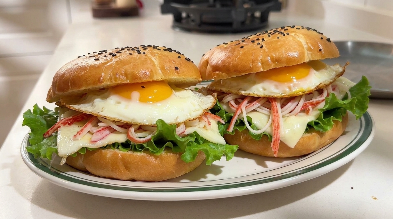 Burger Matinal à la Vapeur : Crabe, Œuf et Fromage Fondu