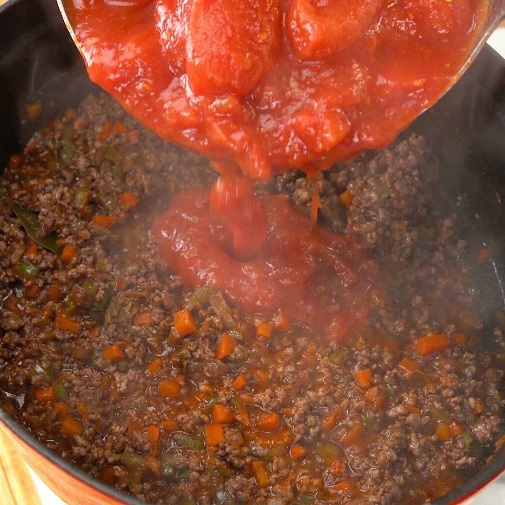 Tomates entières pelées et leur jus versés dans la préparation de viande.