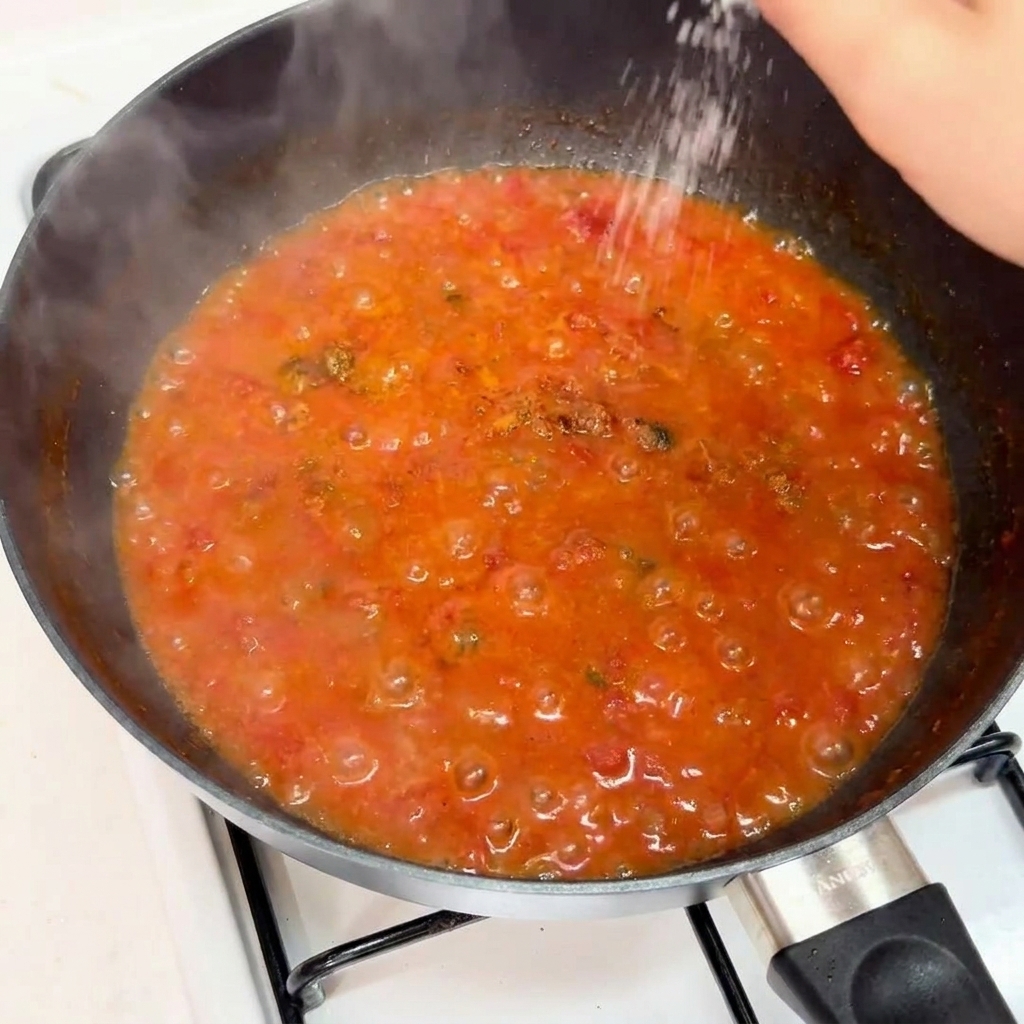Main saupoudrant du sel de mer sur la sauce en train de mijoter.