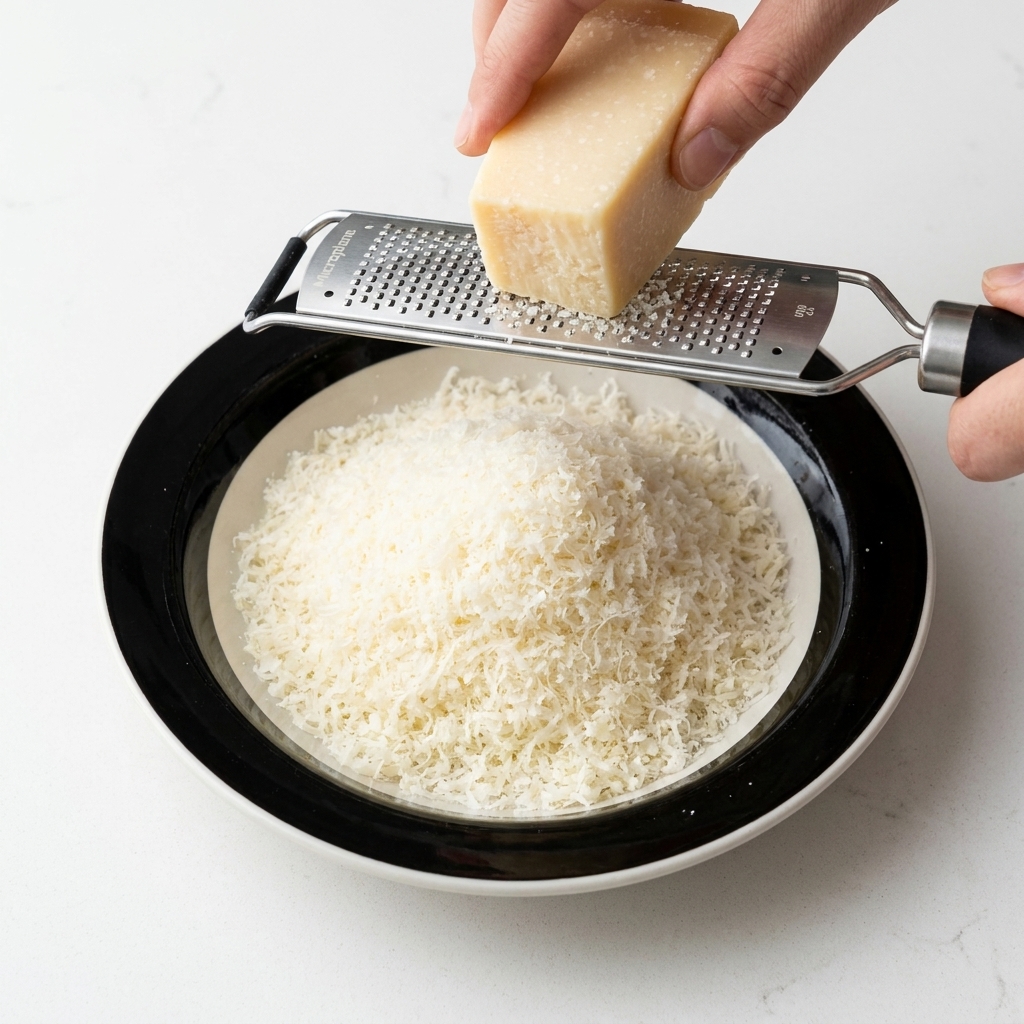 Mains râpant un bloc de parmesan frais à laide dune râpe fine.