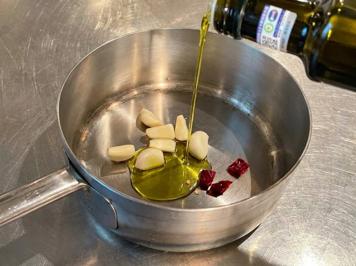 Filet dhuile dolive extra vierge versé sur lail et les piments dans une petite casserole.