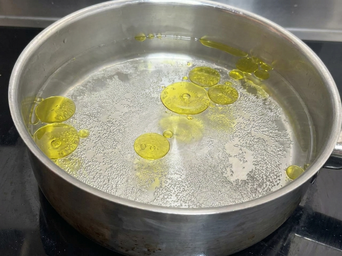 Casserole en inox remplie deau bouillante avec quelques gouttes dhuile dolive en surface.