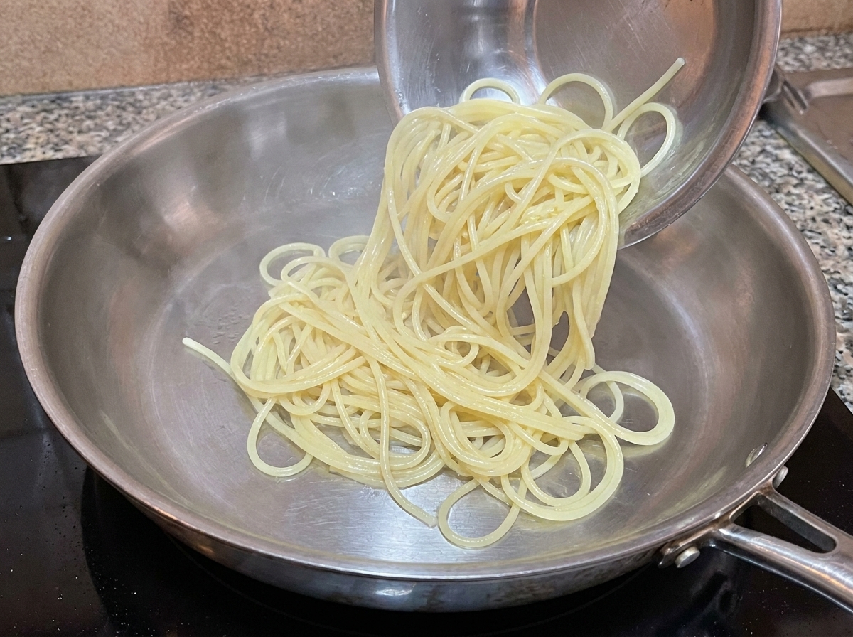 Spaghetti cuits transférés directement de la casserole vers la poêle de sauce.
