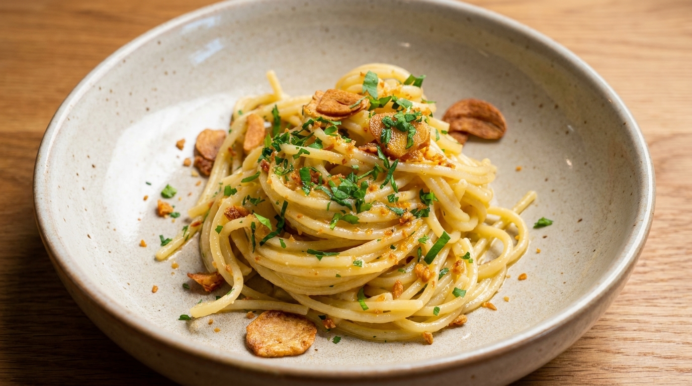 Spaghetti Aglio e Olio à l'Ail Confit et Croustillant