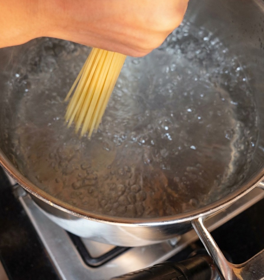 Une main plongeant délicatement un fagot de spaghettis secs à la verticale dans une casserole deau bouillante à gros bouillons.
