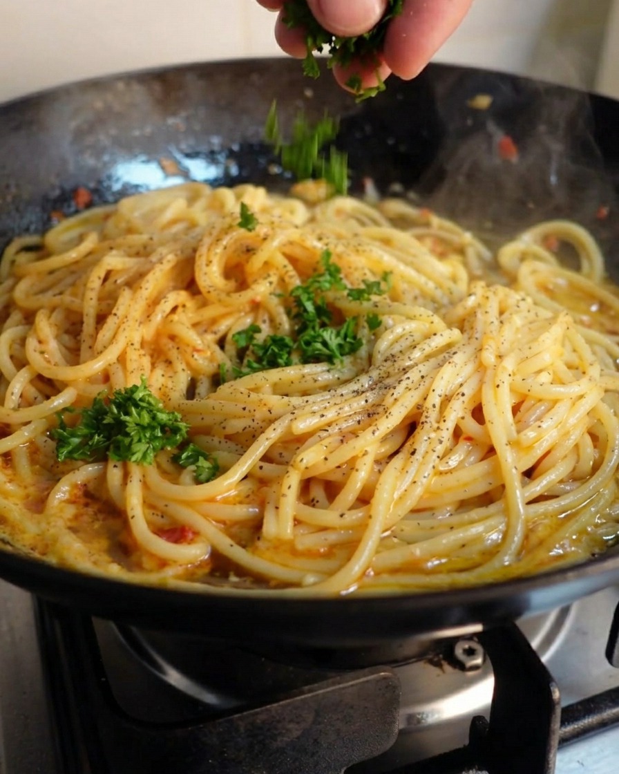 Une main saupoudrant du persil vert frais et haché sur une poêle de spaghettis fumants.