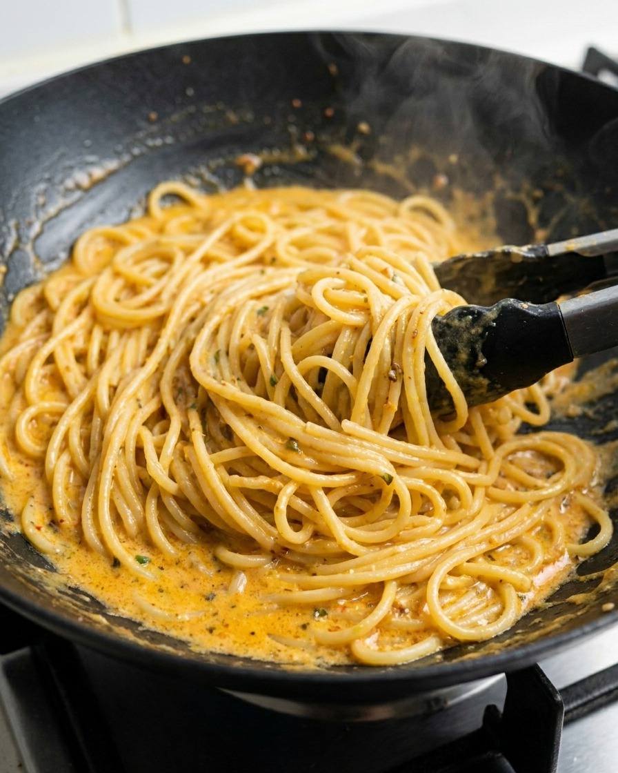 Des pinces soulevant et mélangeant les spaghettis dans une poêle sombre pour incorporer les herbes et la sauce.