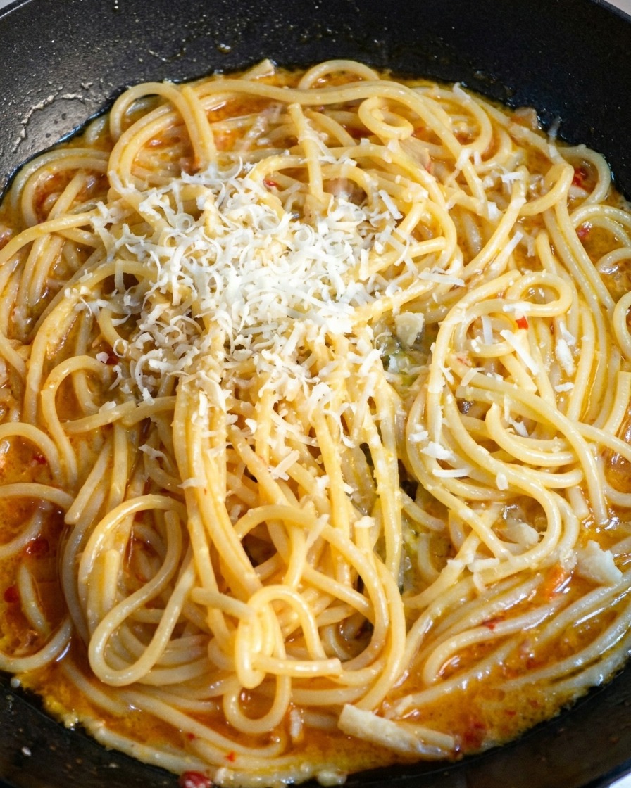 Du parmesan fraîchement râpé reposant sur le dessus dune poêle de spaghettis chauds.