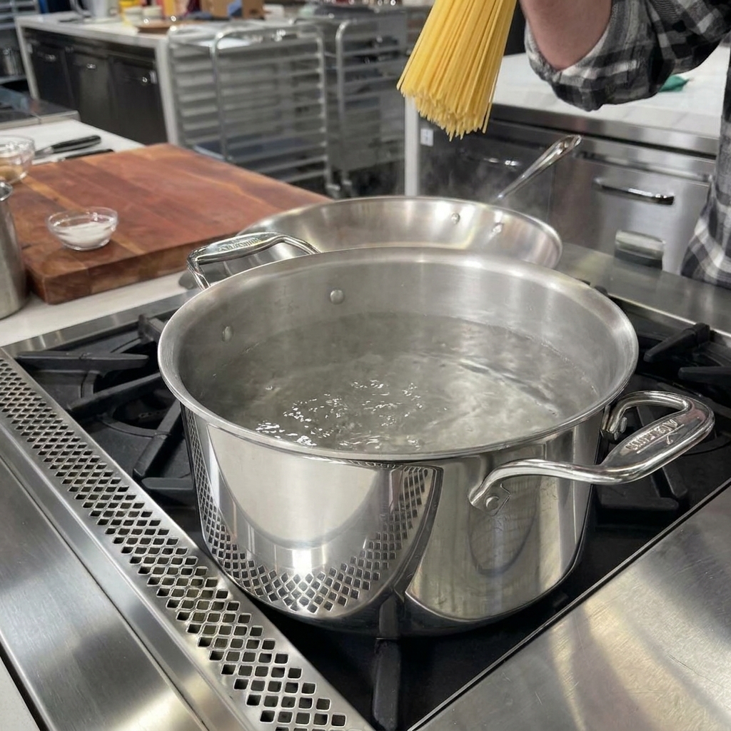 Une poignée de spaghetti secs plongée dans une casserole en acier inoxydable deau bouillante salée.