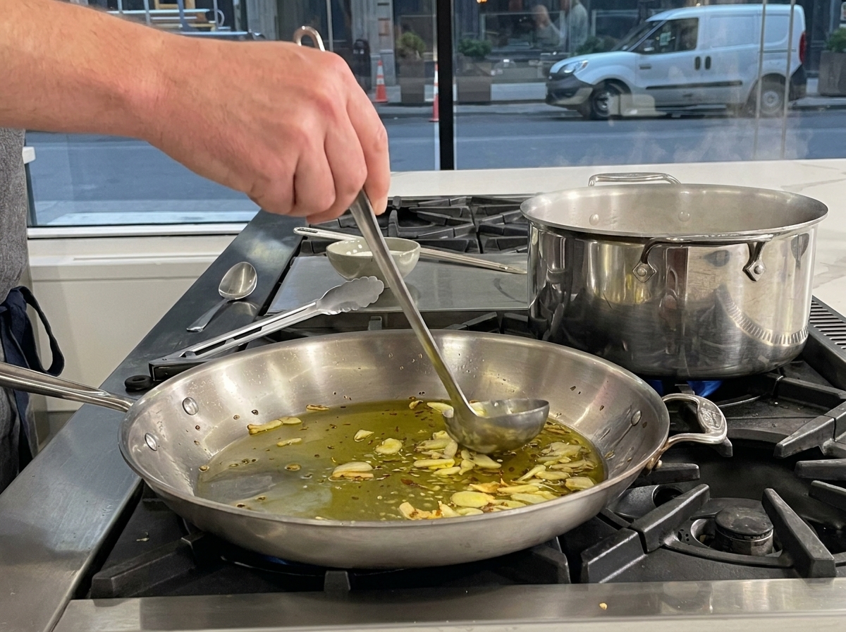 Une louche versant de leau de cuisson amidonnée dans une poêle chaude contenant de lail doré et de lhuile dolive.
