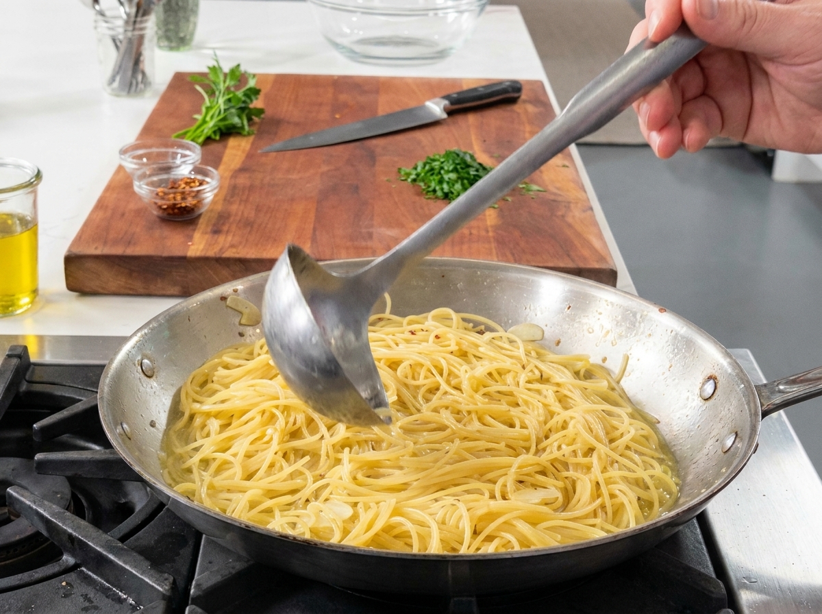 Une louche ajoutant de leau de cuisson sur les spaghetti dans la poêle.