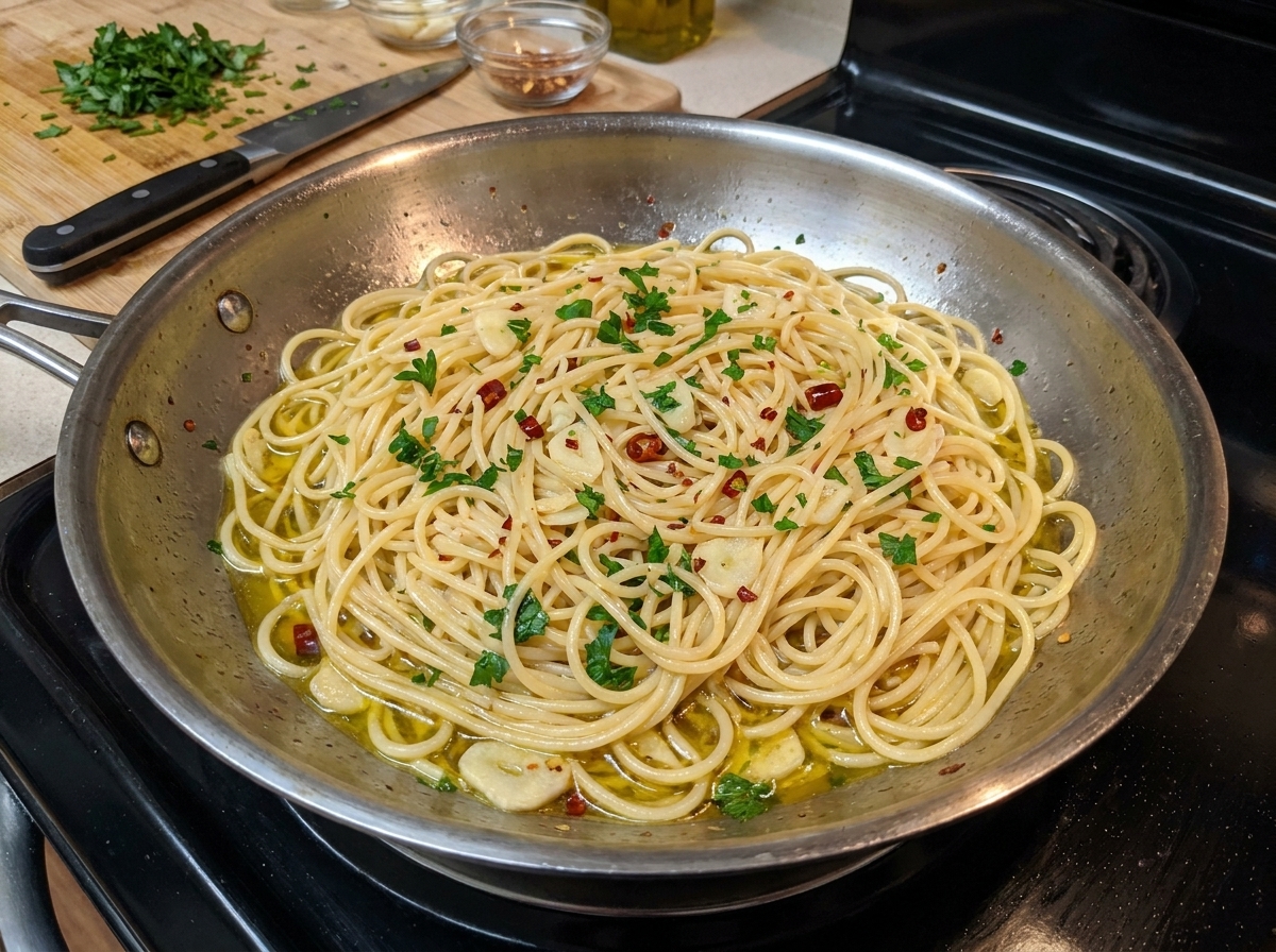 Spaghetti mélangés avec huile, ail, piment et persil frais haché dans une poêle en inox.