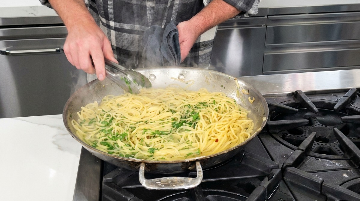 Une personne utilisant des pinces pour mélanger les spaghetti fumants avec du persil frais dans une grande poêle.