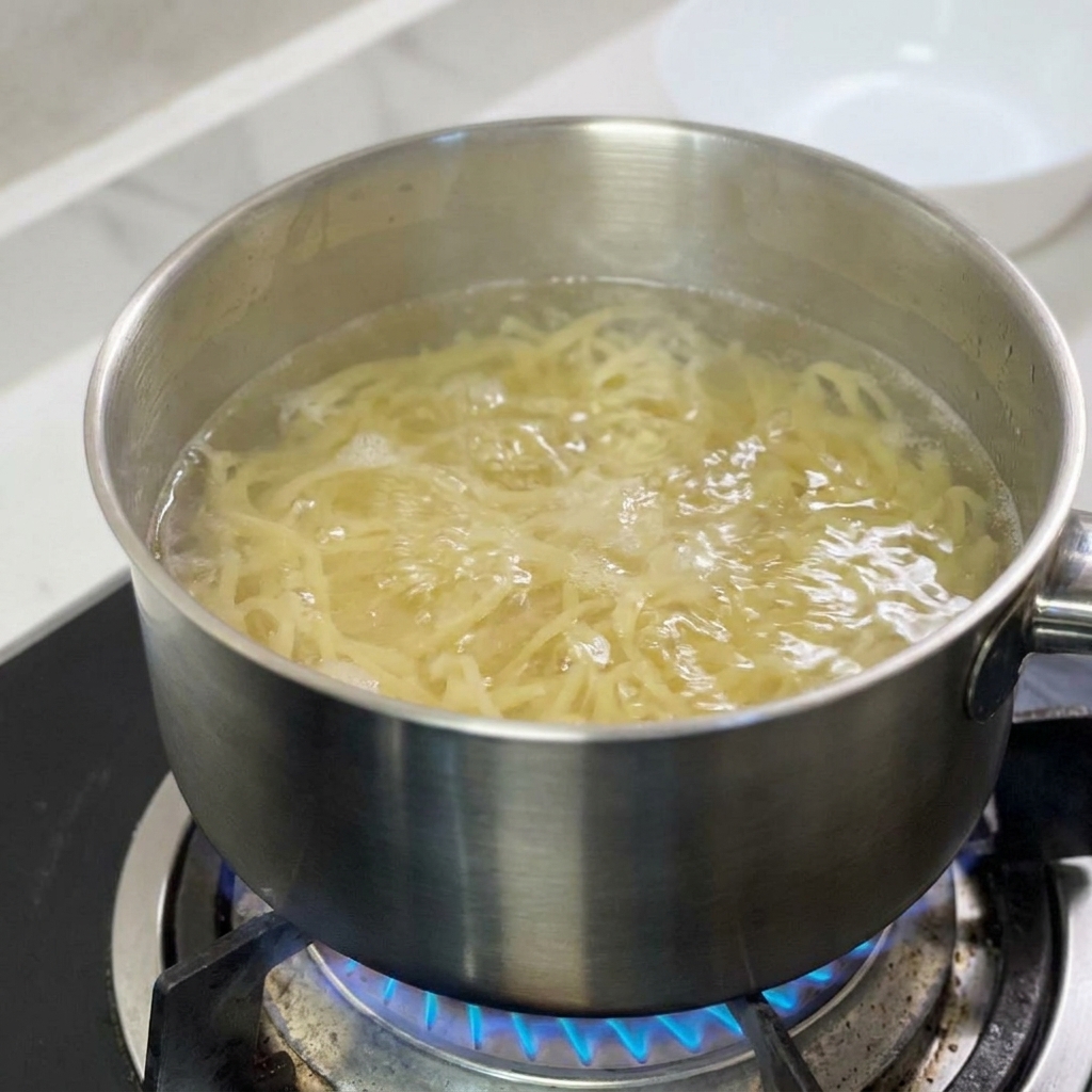 Spaghetti sassouplissant dans une casserole deau bouillante en pleine ébullition.