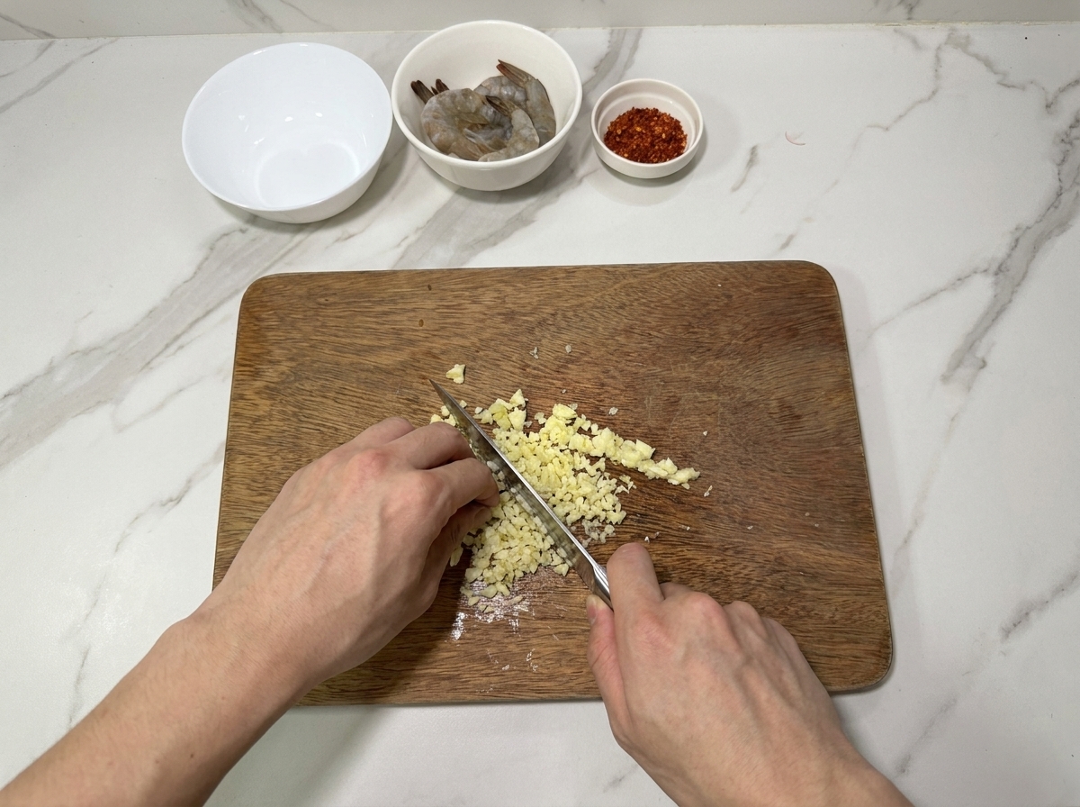 Deux mains utilisant un couteau de chef pour hacher finement des gousses dail sur une planche à découper en bois.