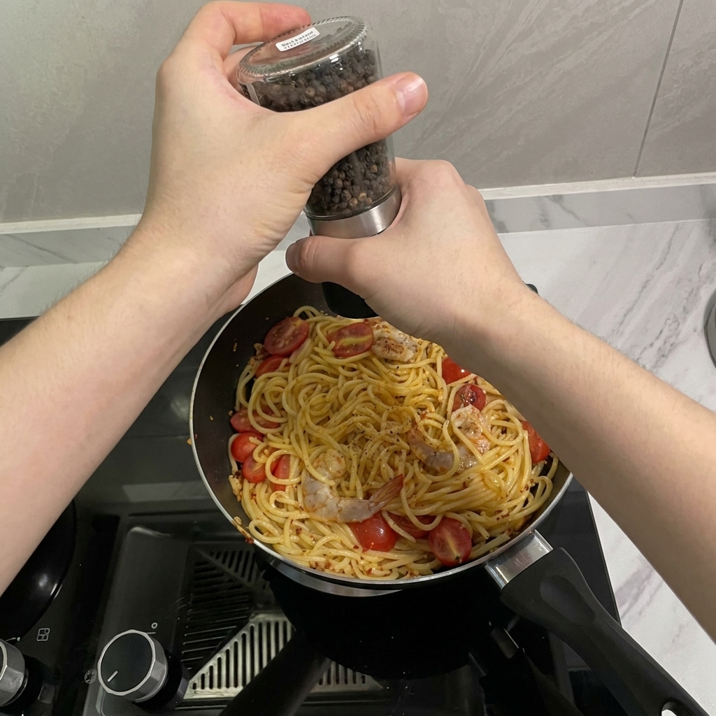 Deux mains tenant un moulin à poivre et broyant du poivre noir frais sur une poêle de spaghetti, crevettes et tomates.