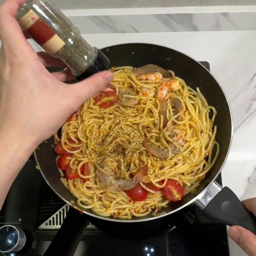 Une main versant des flocons de persil séché depuis un flacon dépices sur les pâtes dans la poêle.