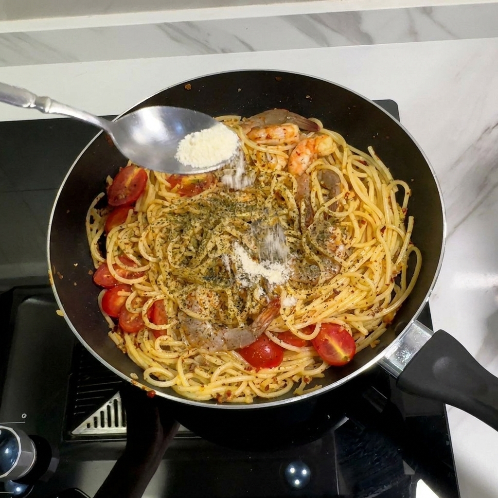 Une cuillère en métal saupoudrant une fine poudre dassaisonnement sur les spaghetti aux crevettes dans une poêle noire.
