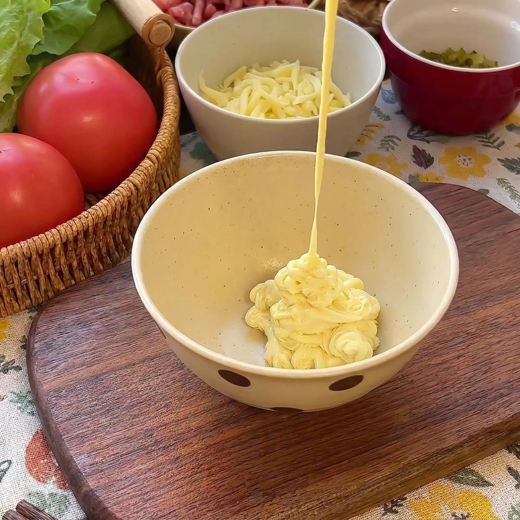 Un filet de mayonnaise versé dans un bol contenant du ketchup rouge et des éclats de cornichons verts.