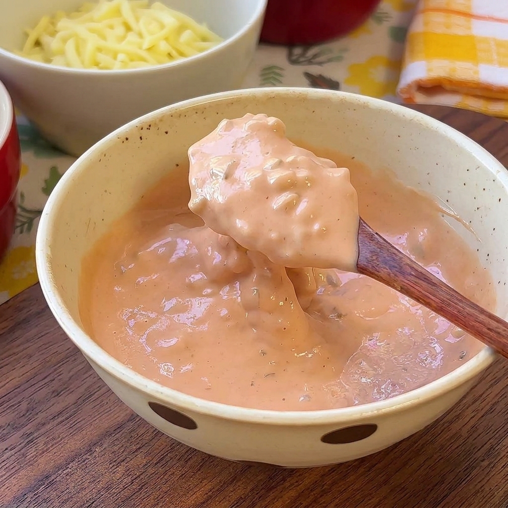 Une cuillère en bois contenant une portion de sauce burger orangée au-dessus dun bol.