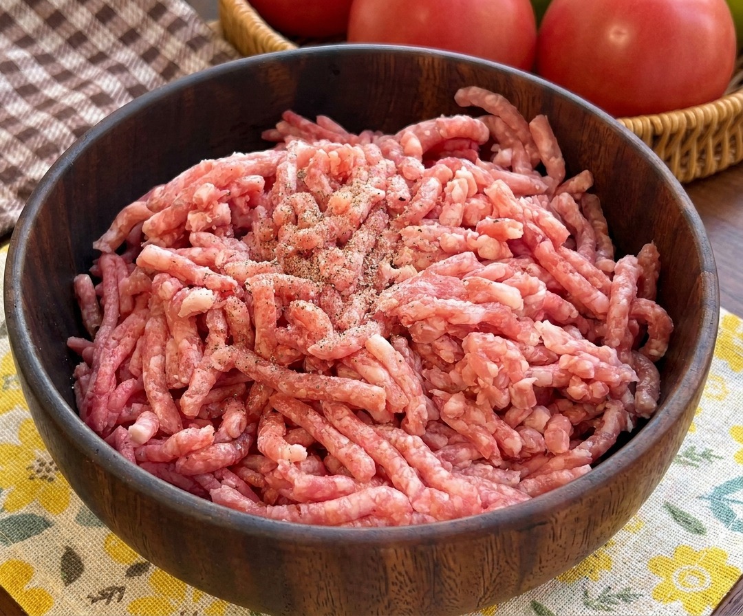 Un bol en bois rempli de bœuf haché cru parsemé de gros sel et de grains de poivre noir.