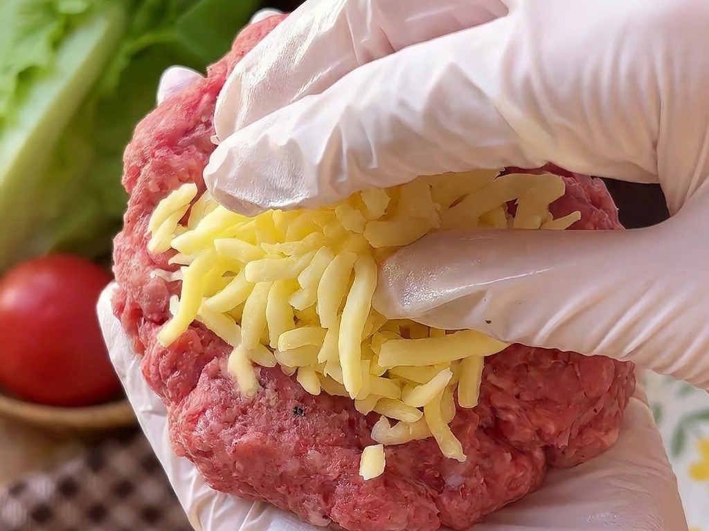 Une main gantée tenant un disque de bœuf haché cru avec un dôme de cheddar râpé au centre.