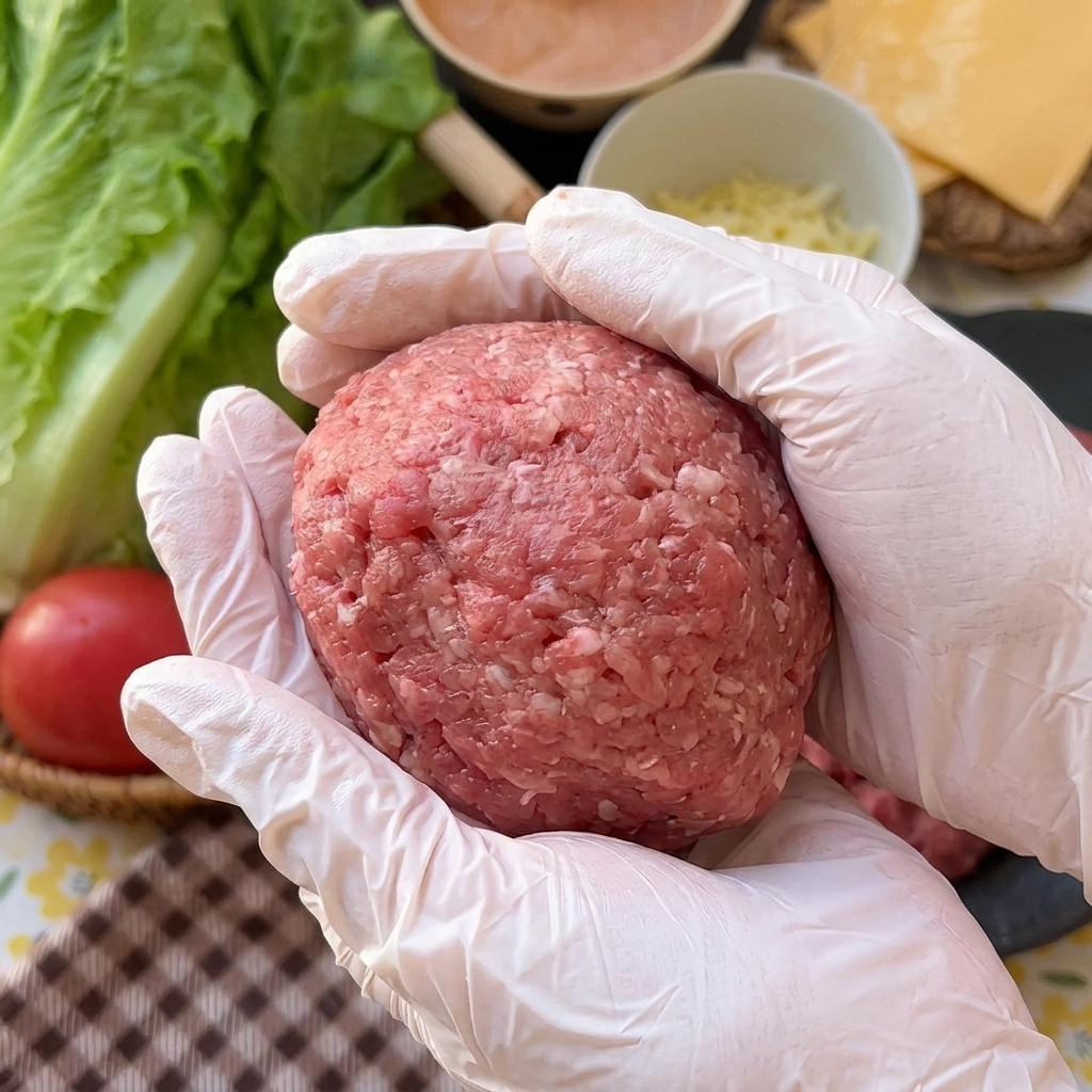 Deux mains gantées façonnant soigneusement un steak de bœuf rond pour bien dissimuler le fromage au centre.