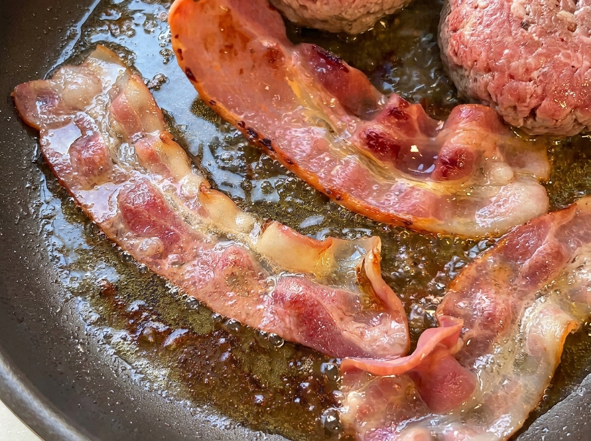 Gros plan sur des tranches de bacon grésillantes et dorées dans une poêle chaude.