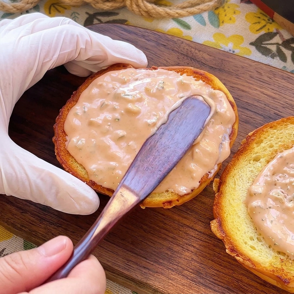 Une spatule en bois étalant une couche épaisse de sauce burger rosée sur la face toastée dun pain.