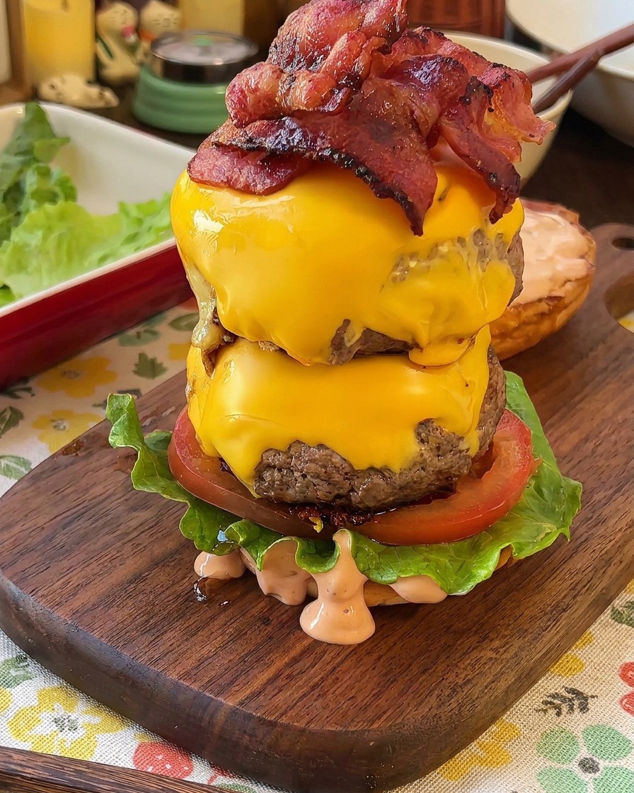Un burger haut en cours dassemblage sur une planche en bois, avec laitue, tomate, deux steaks au fromage et bacon.