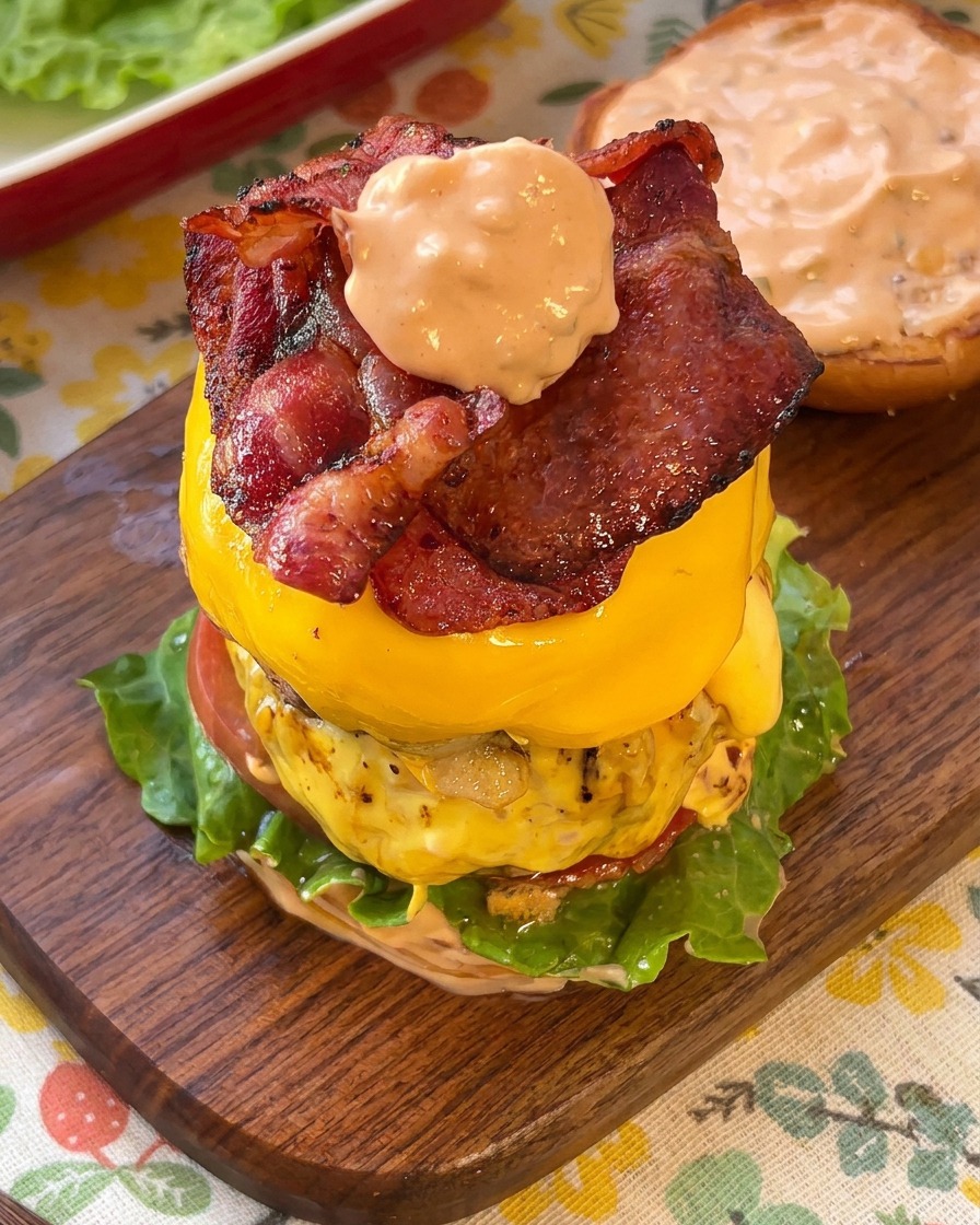 Une touche de sauce burger rosée déposée directement sur le bacon croustillant dun burger géant.