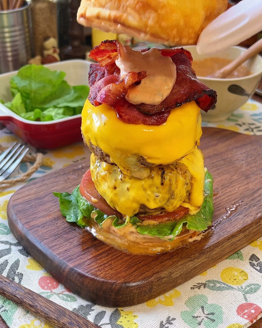 Le pain supérieur toasté déposé sur un imposant double cheeseburger chargé de bacon et de fromage.