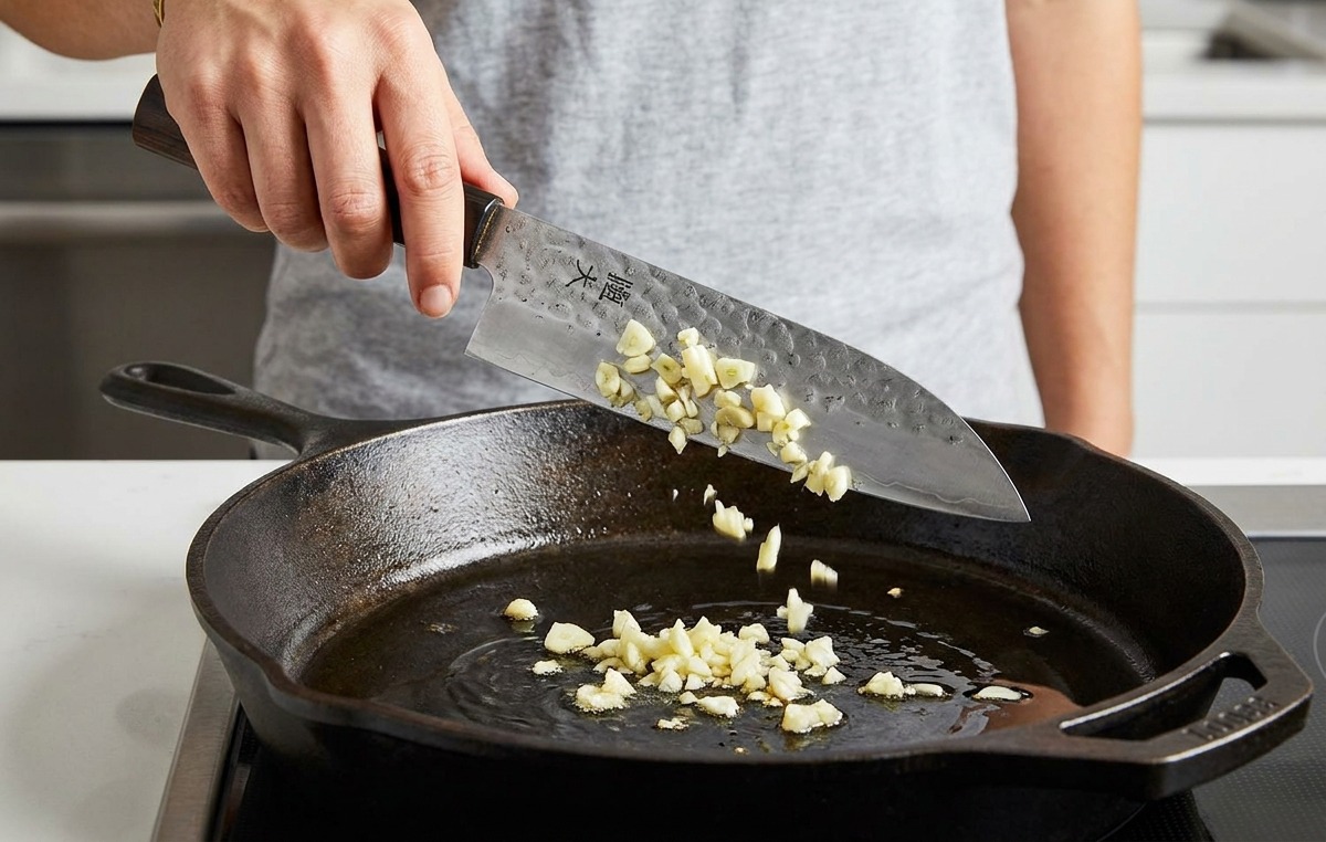 Ail haché glissant dun couteau de chef dans une poêle dhuile dolive tiède.