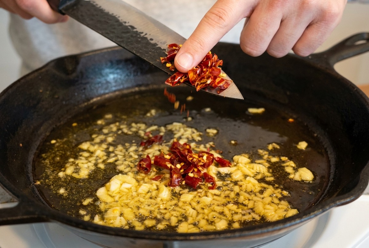 Doigts poussant des piments rouges séchés hachés dans une poêle où lail crépite.