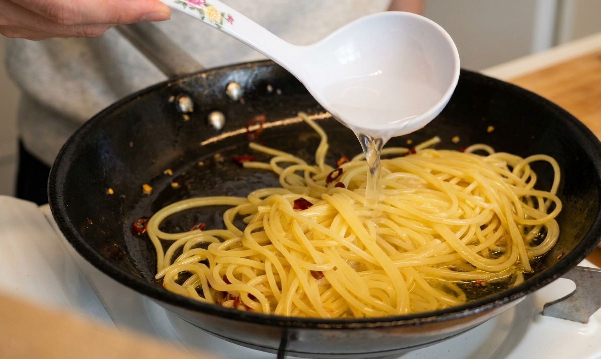 Une main versant une louche deau de pâtes dans une poêle remplie de spaghetti et dail.